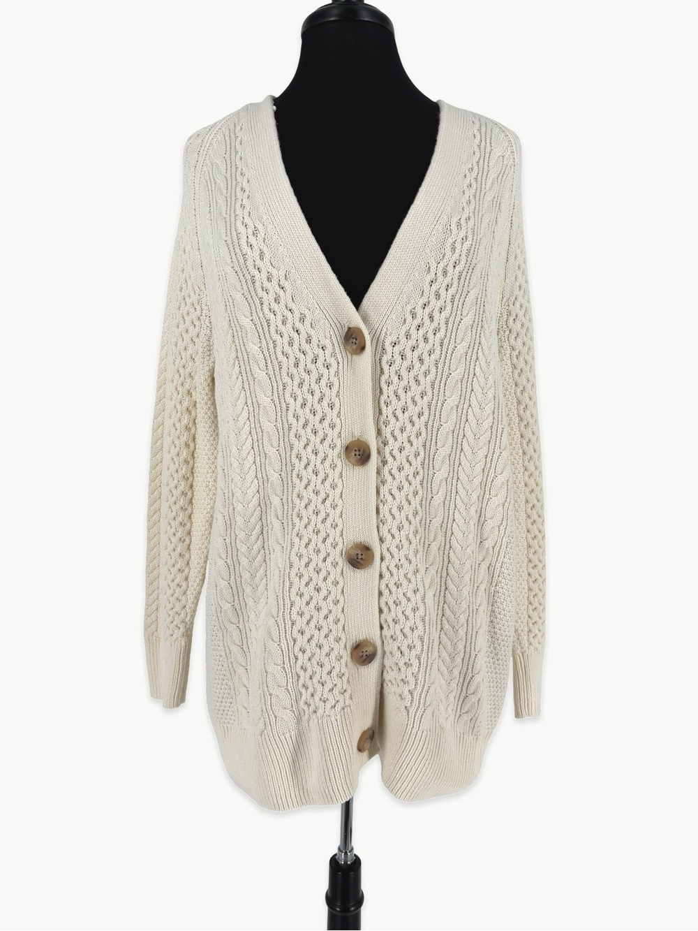 Aerie Oversized Cable Knit Button Cardigan Size Small in Natural 100% Cotton